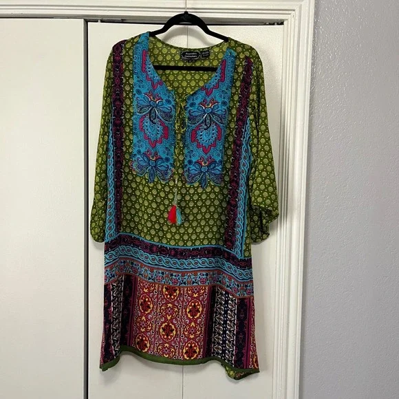 Ananda's Collection Womens 1X Green Boho Paisley Tassel Rayon Tunic Dress India - Picture 4 of 5
